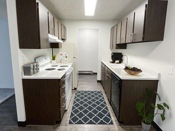 Double galley kitchen with wood cabinets, white counters, full fridge, dishwasher, oven, stovetop, and double bowl sink.